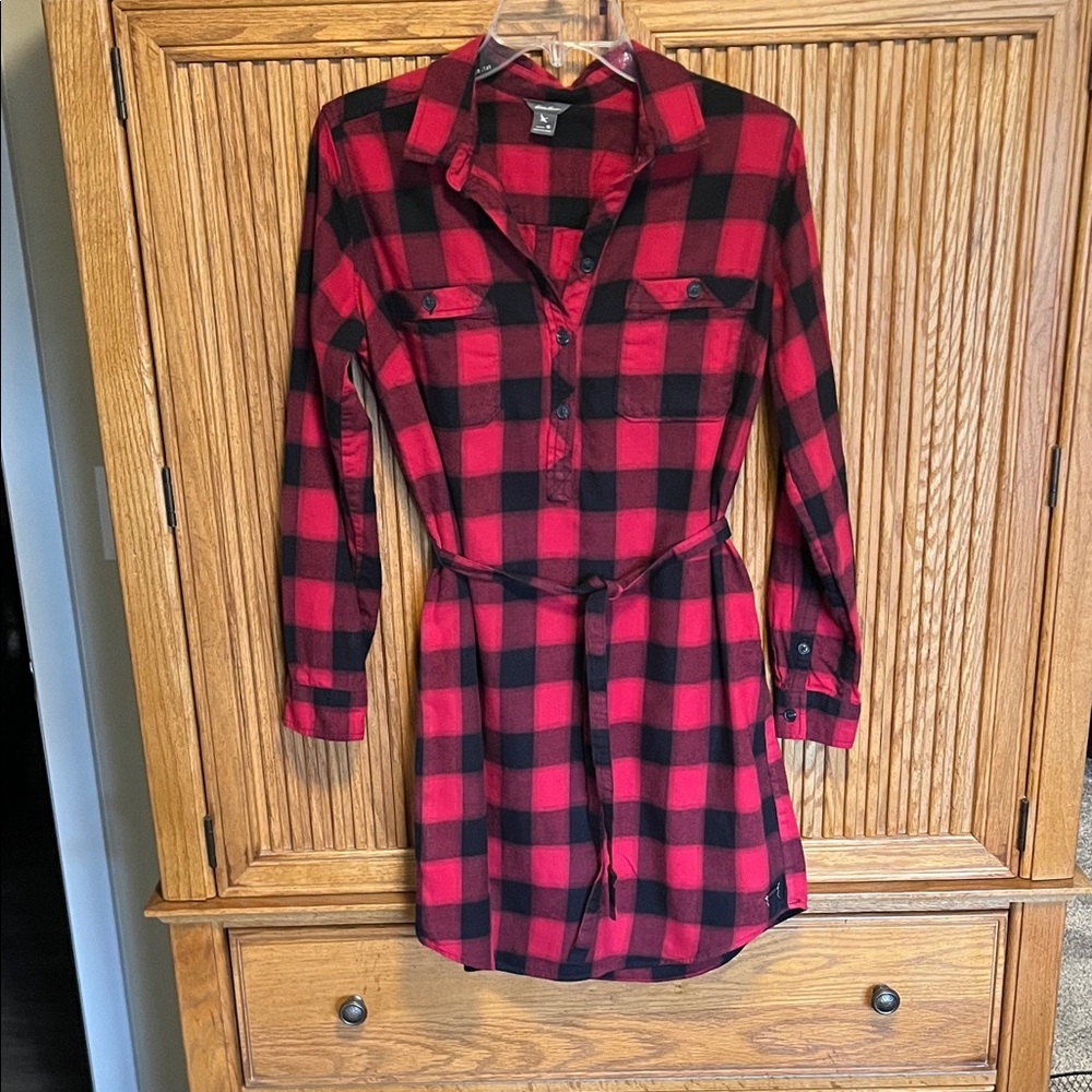 Eddie Bauer Red and Black Plaid Flannel Long Sleeve Dress